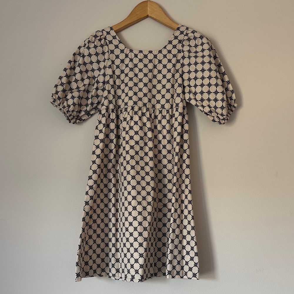 Girls' Cream Puff-Sleeve Cotton Dress with Navy Star Print